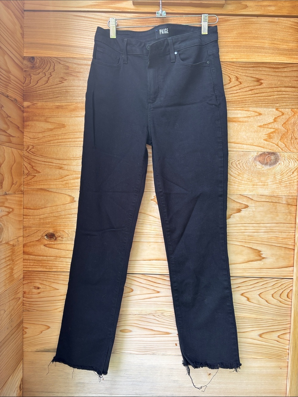 PAIGE Cindy Black Straight Leg Jeans with Raw Hem
Size: 28